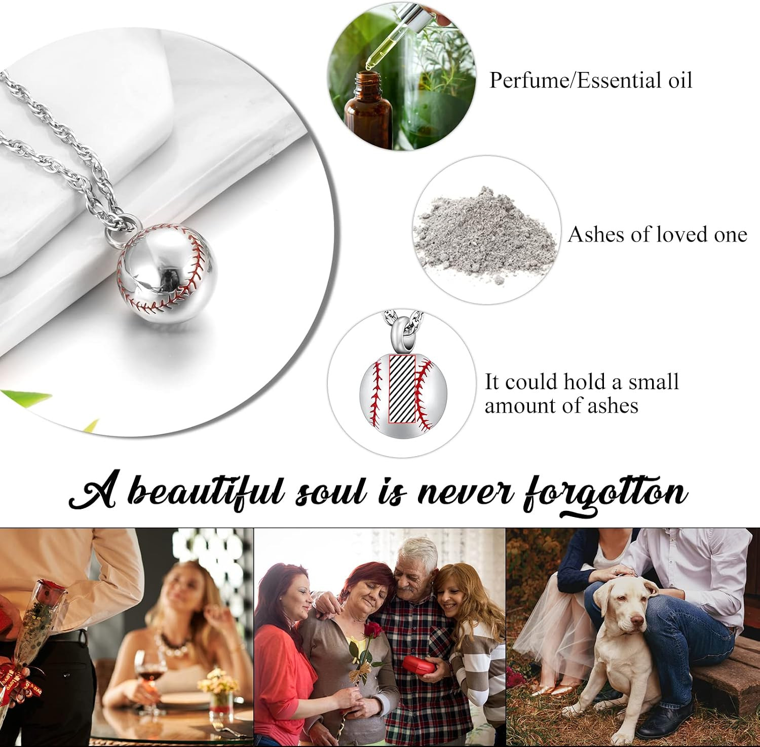 Baseball Urn Necklace for Ash Stainless Steel Cremation Jewelry Memorial Pendant