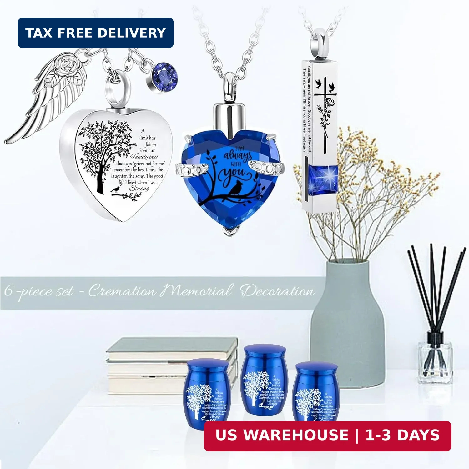 6PC Cremation Urn Necklace Set for Ashes Human Pet Memorial Keepsake Blue
