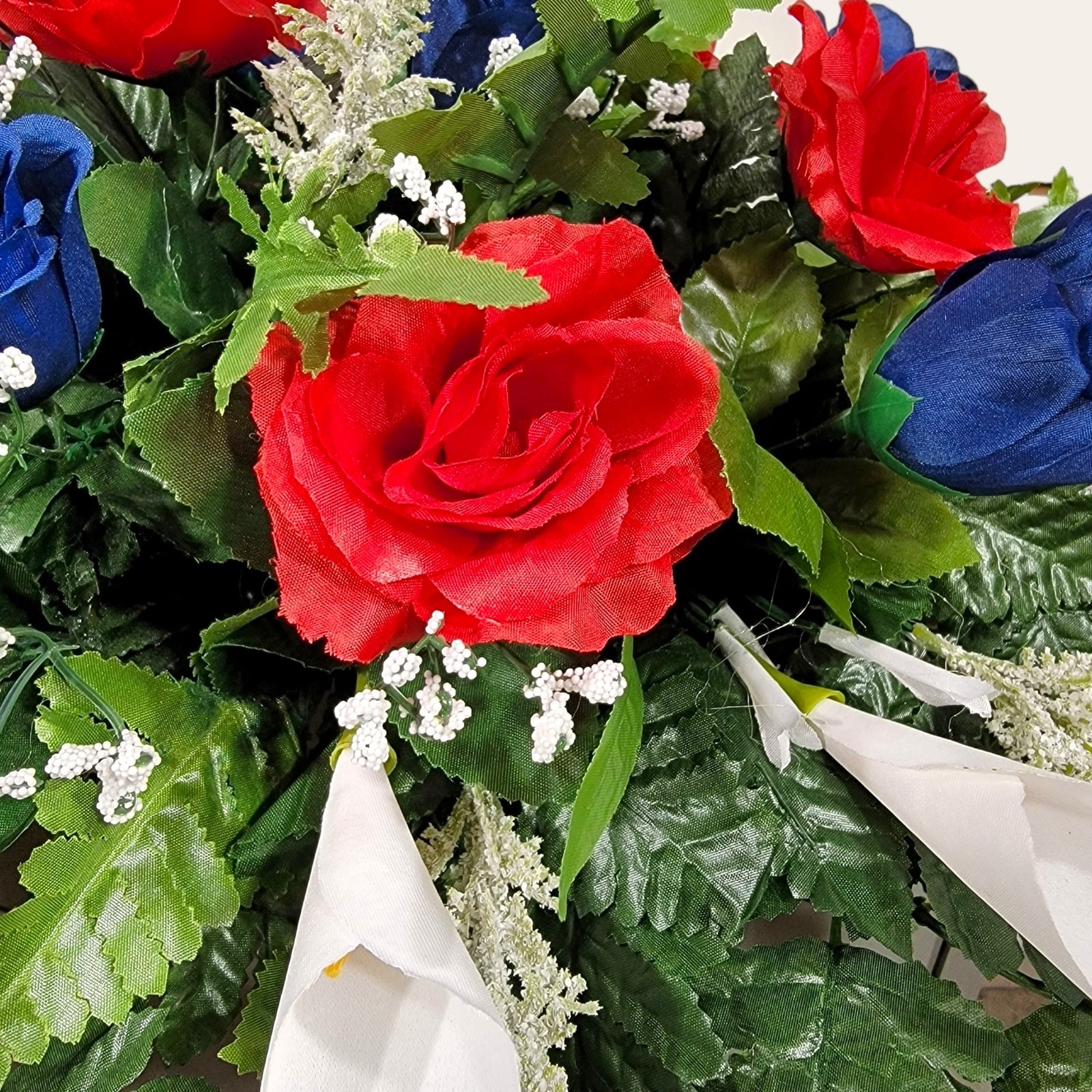 Red & Blue Roses with White Calla Lillies headstone saddle set