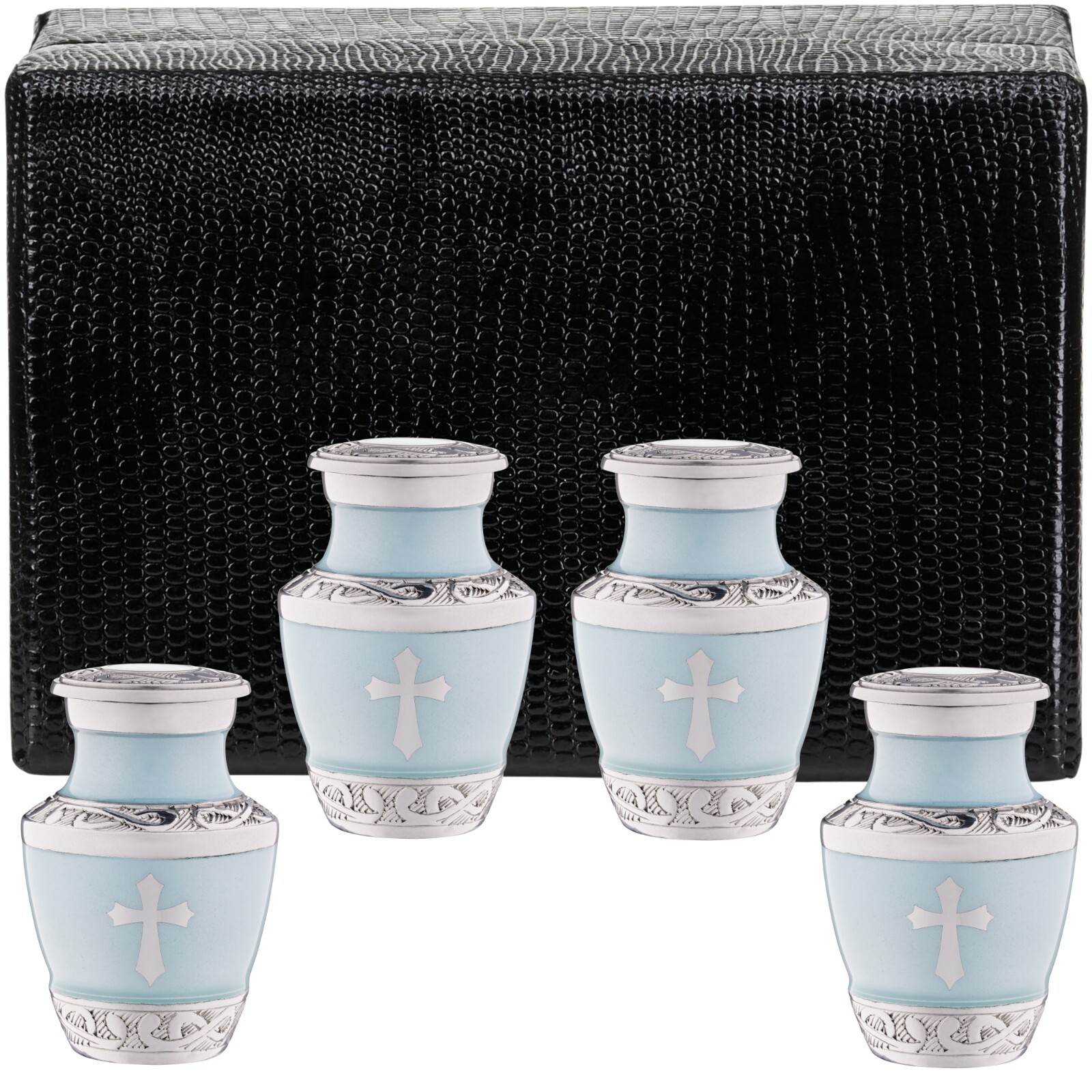 4 Small Blue Urns for Ashes God Cross – 4 Religious Jesus Catholic Keepsake Mini