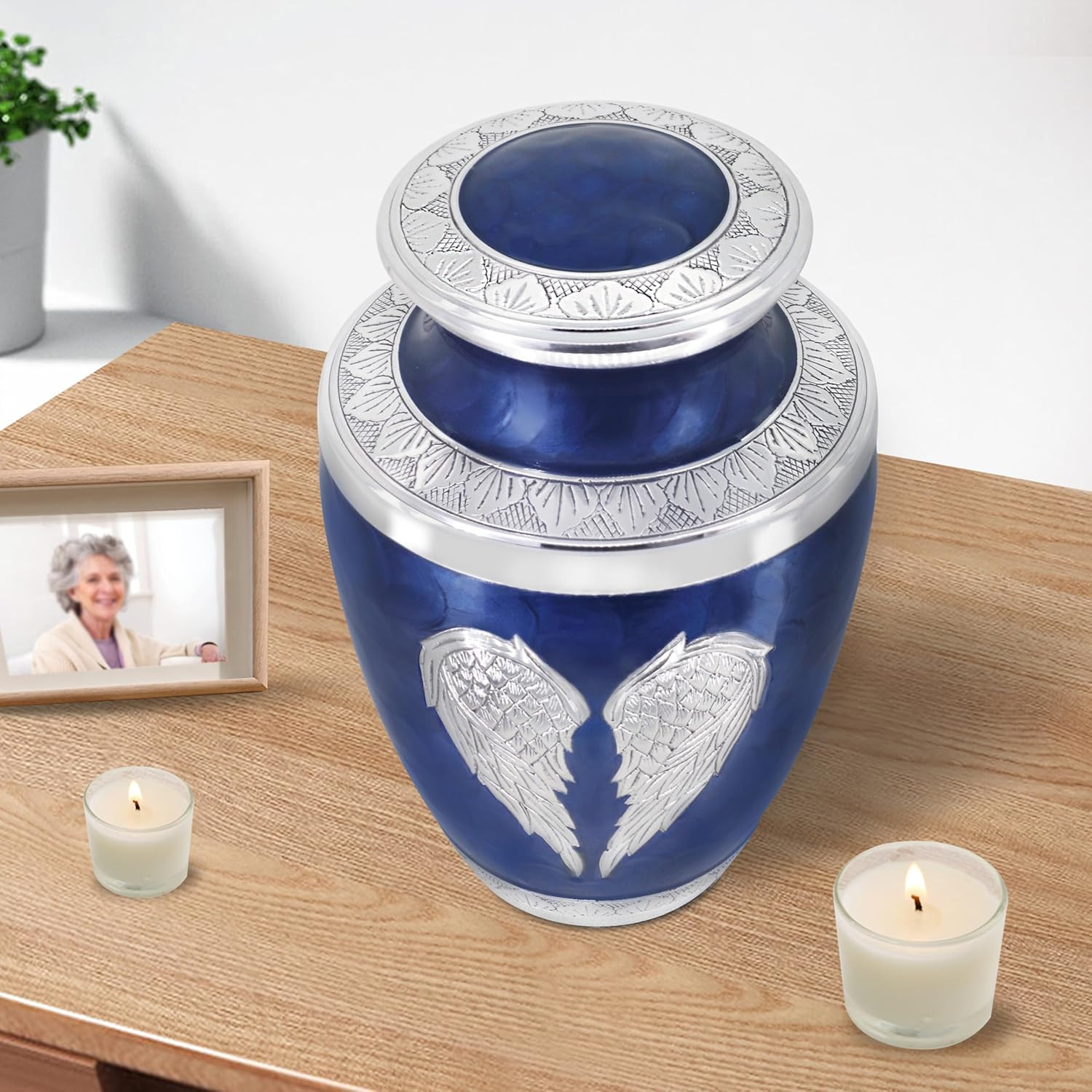 Elegant Silver Angel Wings Urn for Adult Ashes – Dark Blue & Silver Large