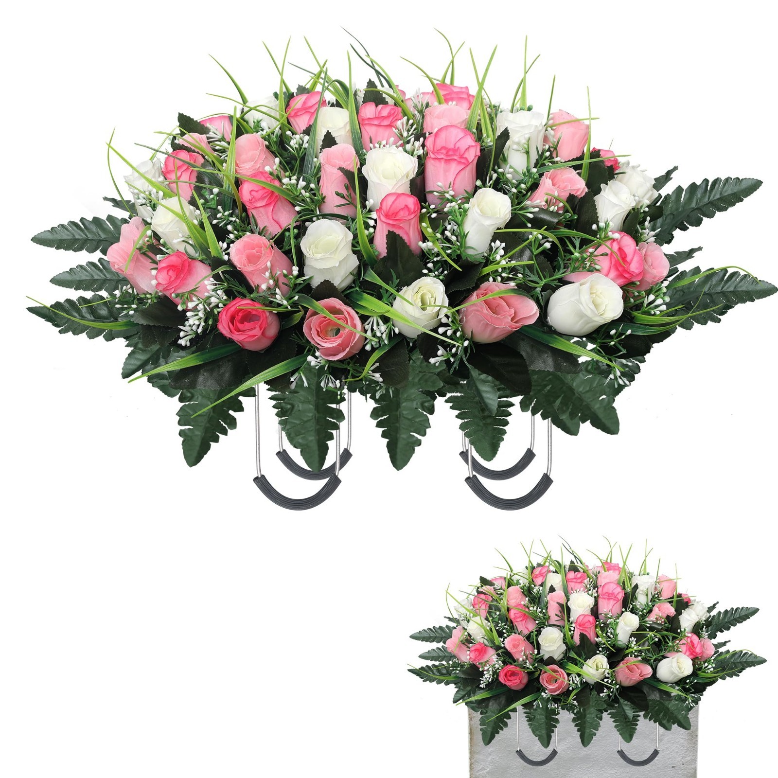Cemetery Flowers for Grave Decoration – Headstone Flower Saddle (Pink & White)