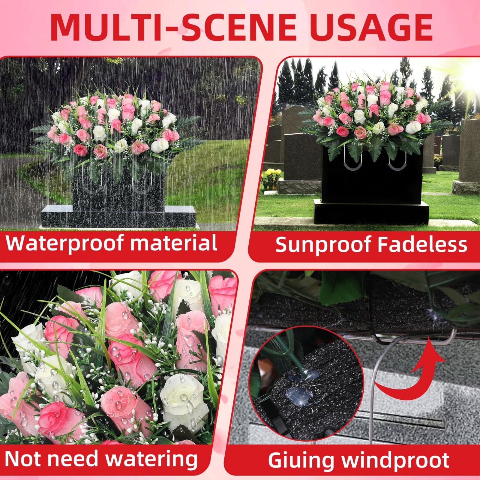Cemetery Flowers for Grave Decoration – Headstone Flower Saddle (Pink & White)