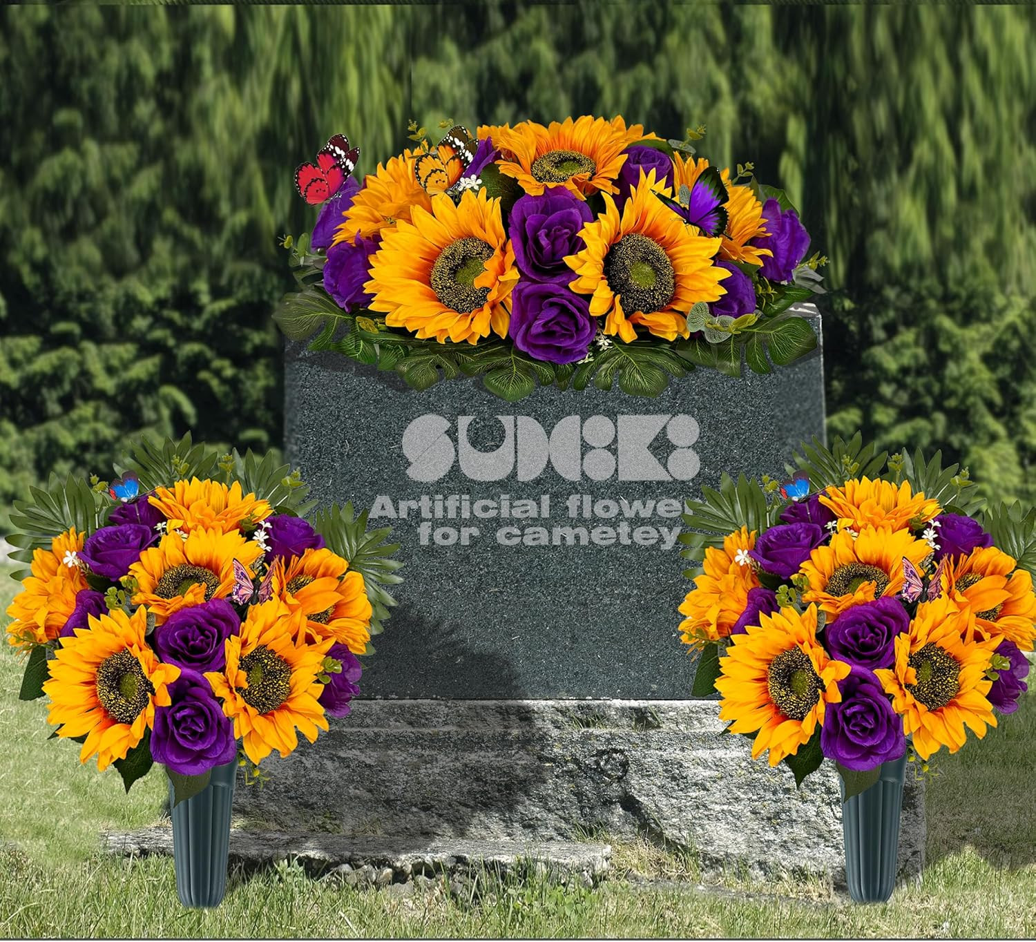 Vibrant Silk Sunflower & Rose Grave Saddle with 2 Bouquets – Purple/Yellow