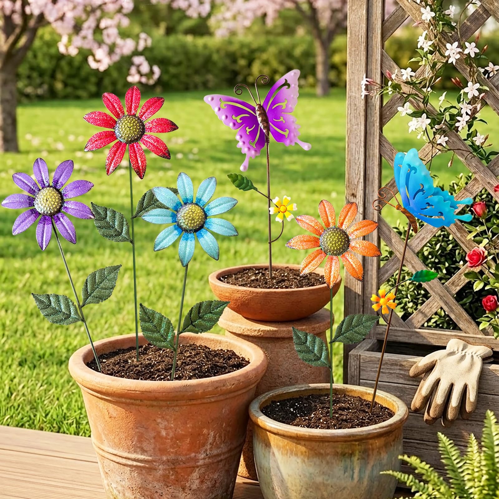 6Pack Metal Flowers for Outside，16.15 Inch Metal Flowers&Colorful Butterfly D…