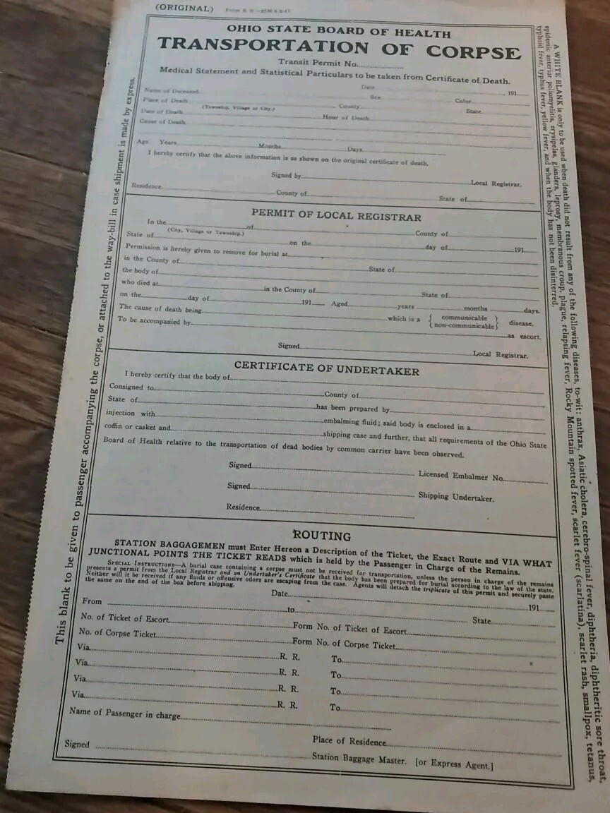 Vintage Transportation of Corpse Unused Undertaker State Permit Ohio old 1912