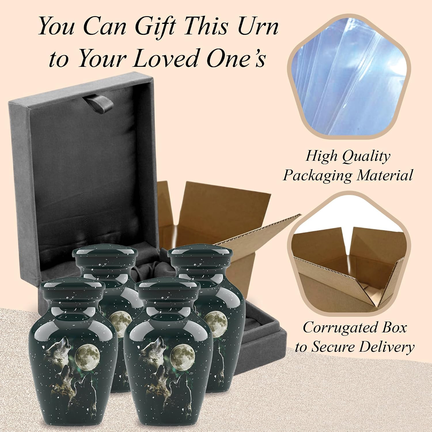 Forever URNS Mini Cremation Funeral Urn with Classic 3 Wolfes Pictured Theme for