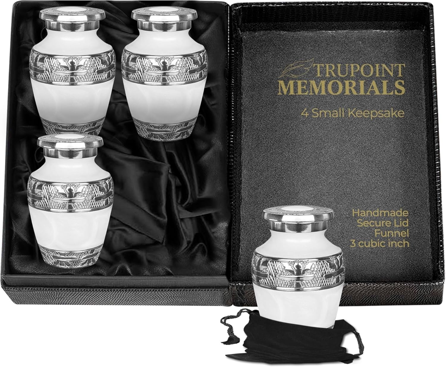 Set of 4 Durable Brass Decorative Mini Urns for Adult Ashes – Pearl White Finish