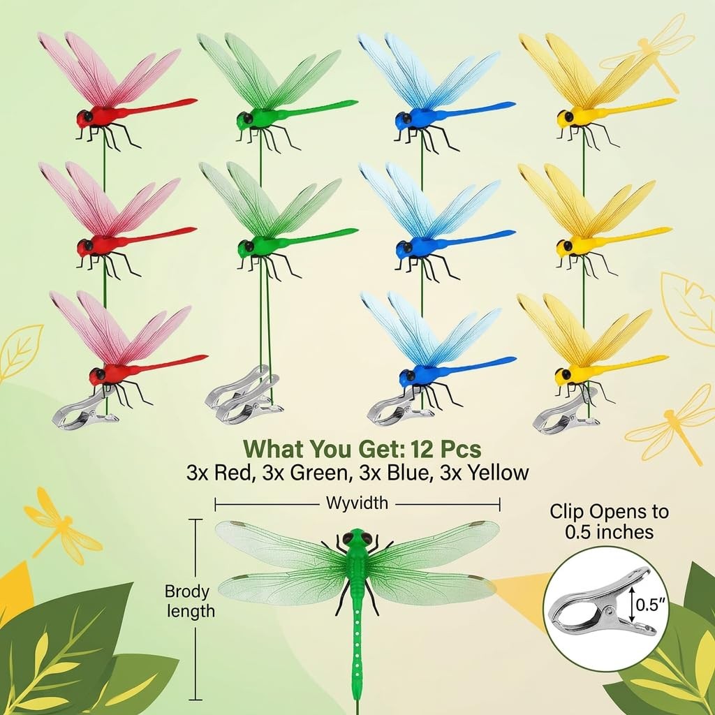 12 Pack Dragonfly Clips for Garden Decor, Plant-Safe Reinforced Clips that Wo…