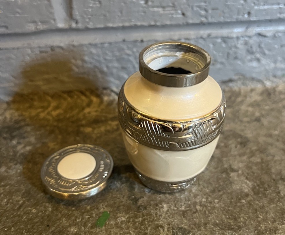 Cremation White And Silver Color 2.5 Inch Tall