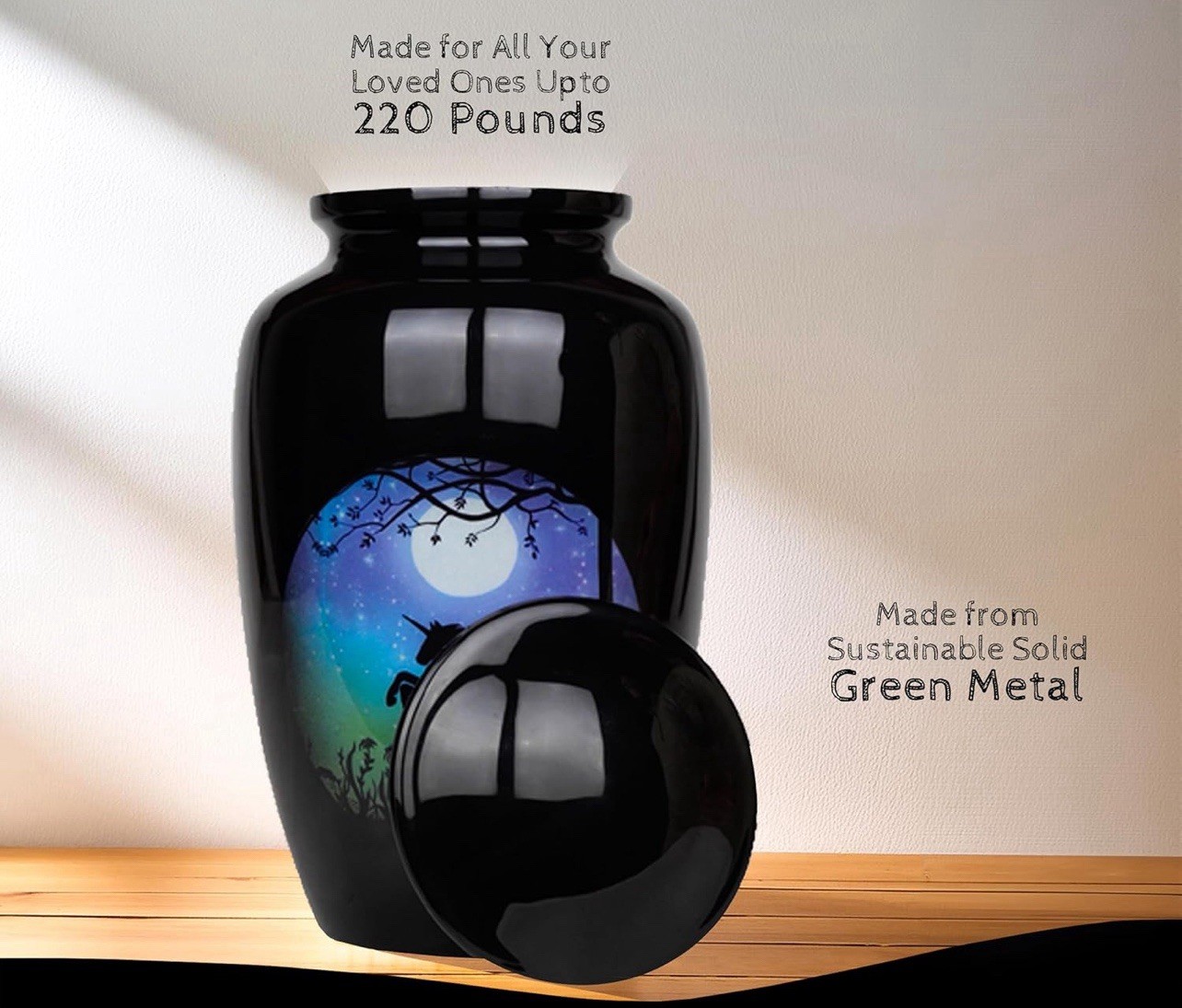 Large Black Unicorn Under The Moonlight Sky Cremation Urn For Ashes