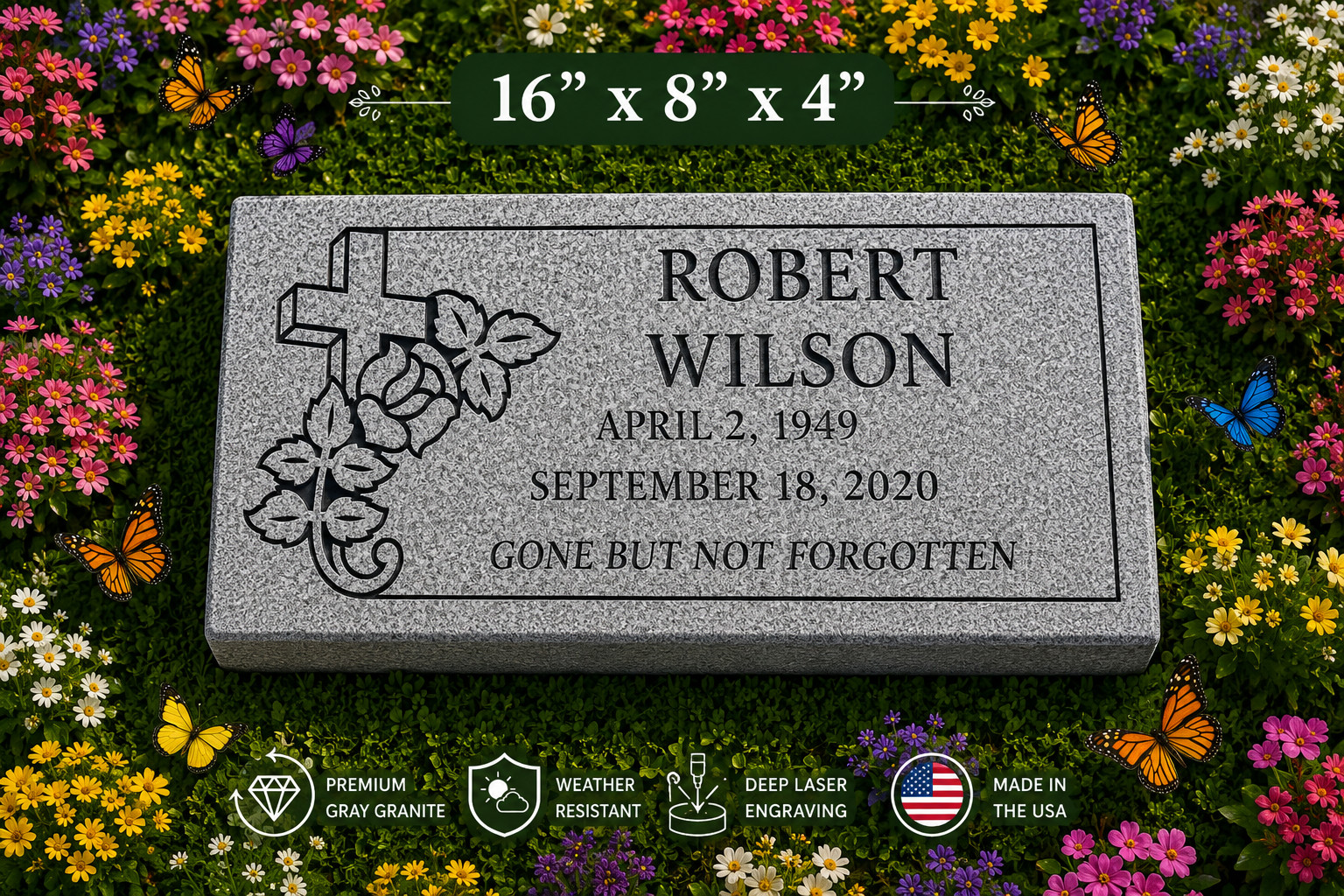 Gray Granite Grave Marker Cross Floral Memorial Personalized Headstone