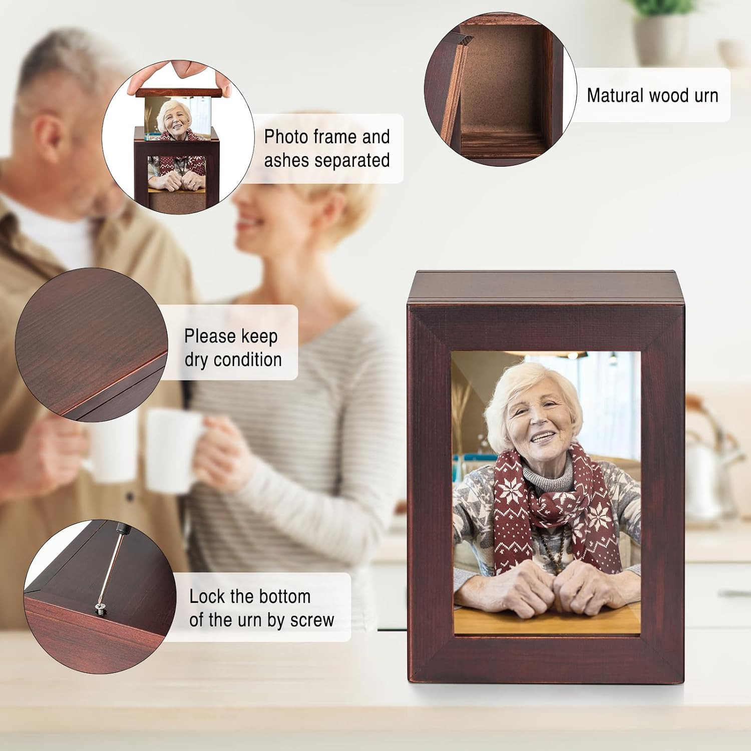 Small Wooden Urn for Human Ashes – Decorative Keepsake Box with Photo Frame, Bro