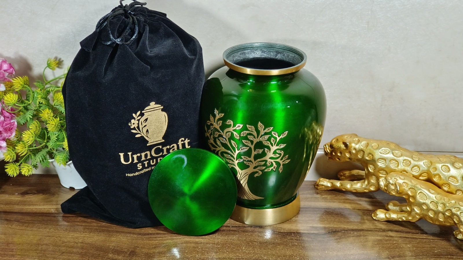 Handcrafted Tree Urn Green Gold – Adult Ashes Urn – Elegant Memorial Urn