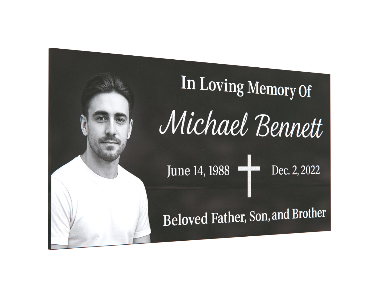 24×12×4″ Black Granite Grave Marker – Custom Portrait & Engraving & Cross