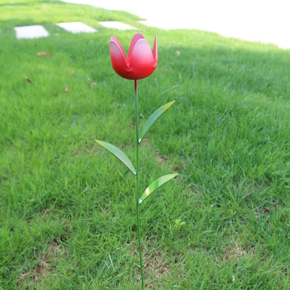 Metal Flowers for Outside,3 Pack 16” Decorative Garden Stakes Colorful Tulip…