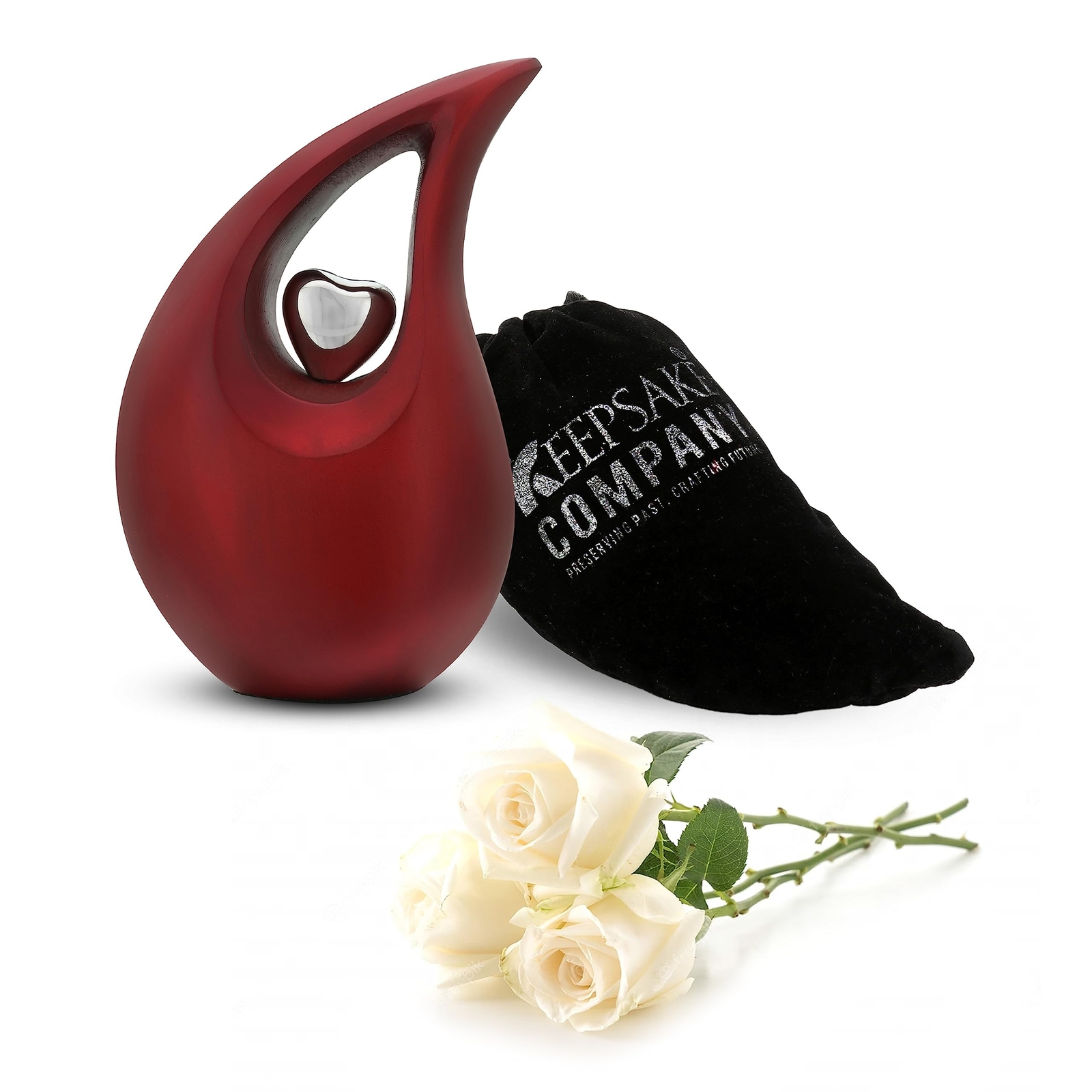 Red Tear Drop Medium Size Urns for Human Ashes with Silver Heart (6 Inch Heig…