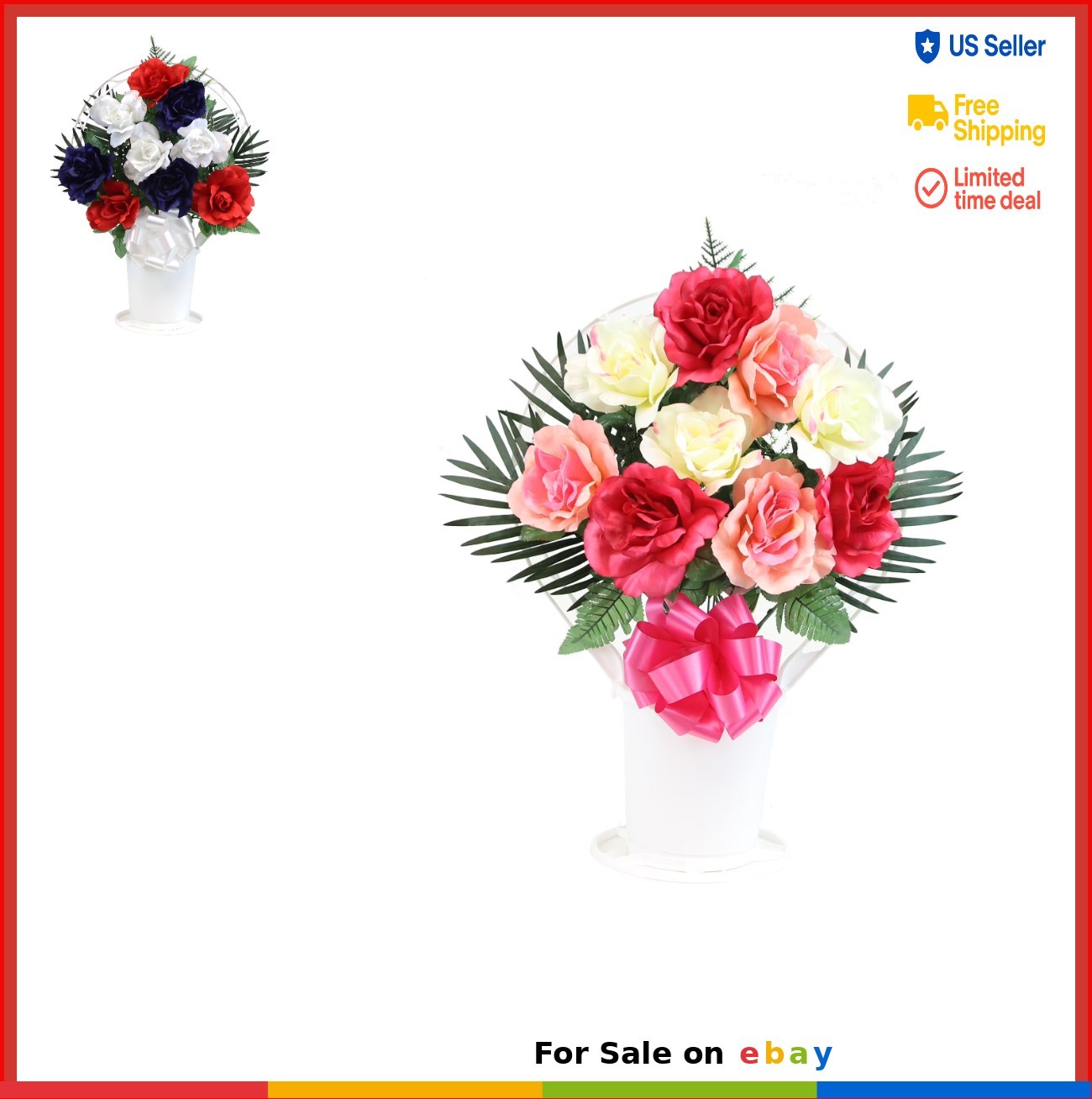 Silk Rose Arrangement Large White Cemetery Hoop Basket Memorial Gravesite