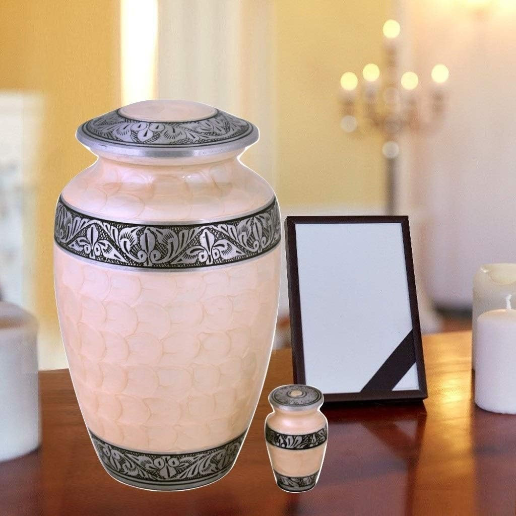 Metal Cremation Urn – Adult Funeral Urn – Cream, Marble Pattern – 8″L X 8″W X 9″