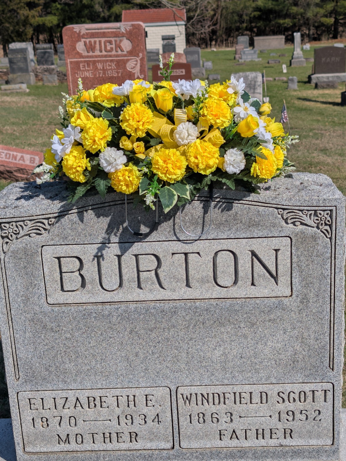 Yellow and White Cemetery Saddle Vase Set, Carnations Headstone Saddle