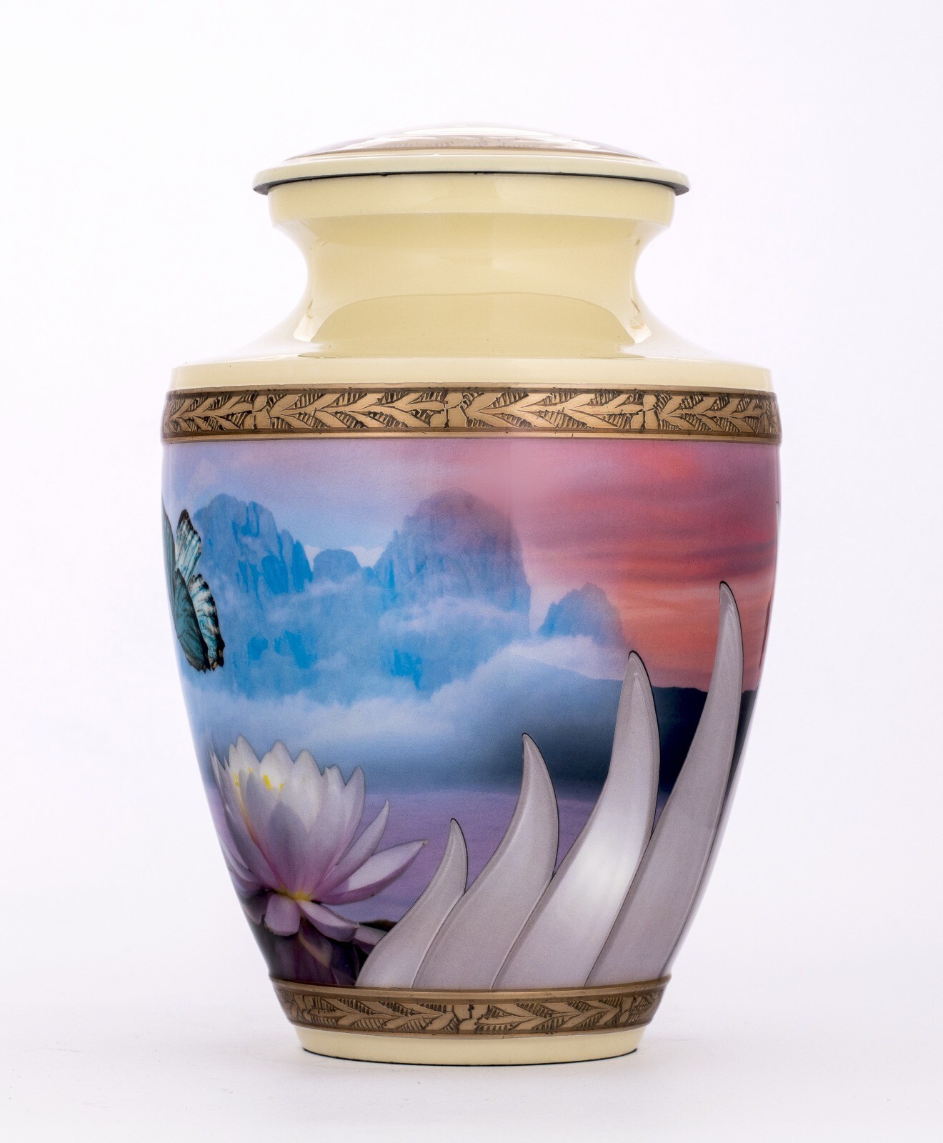Blue Butterfly on a Cream Cremation Urn for Human Ashes | Polished Metal Flower