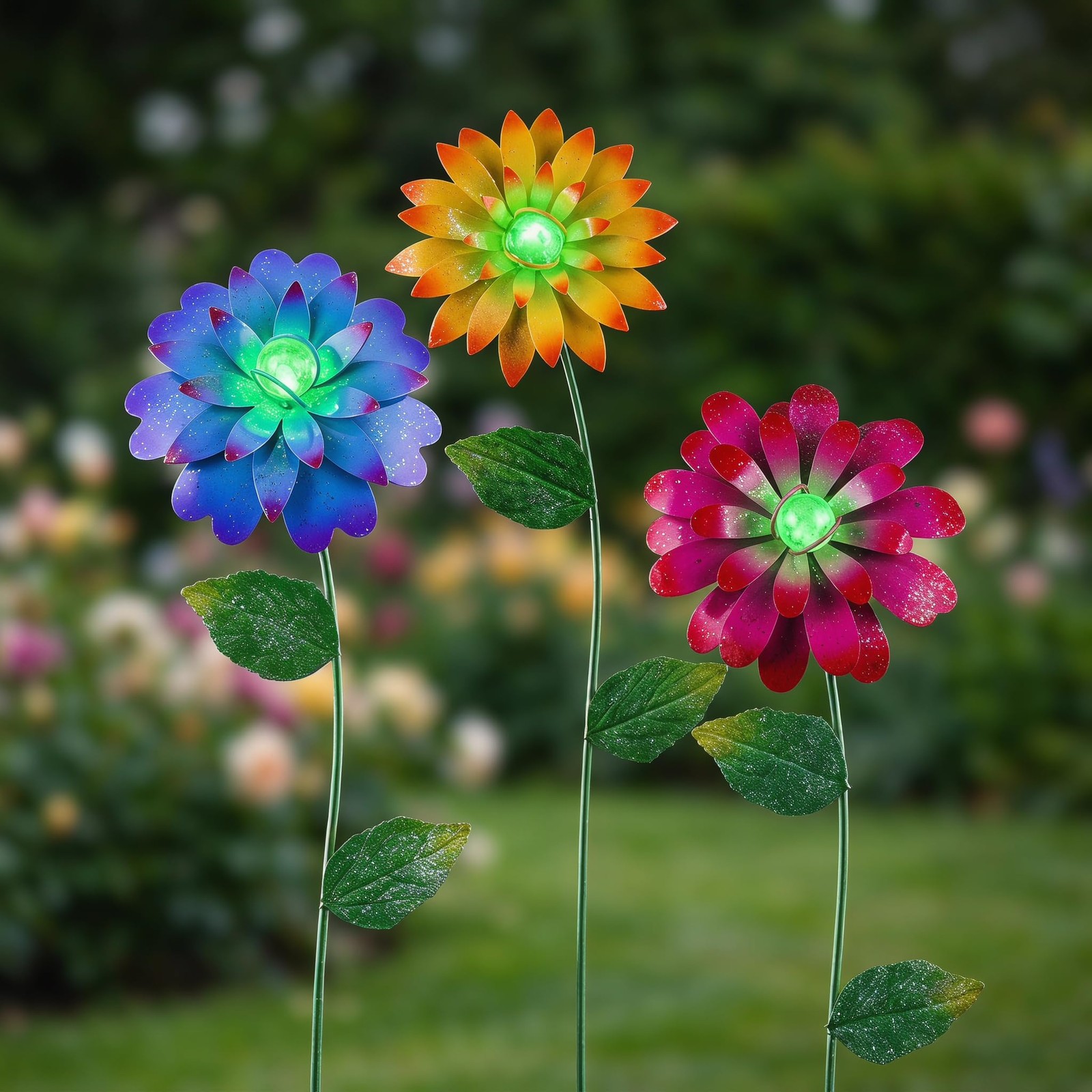 Glow in The Dark Flower Garden Stakes, 3 Pack Colorful Luminous Metal Yard De…