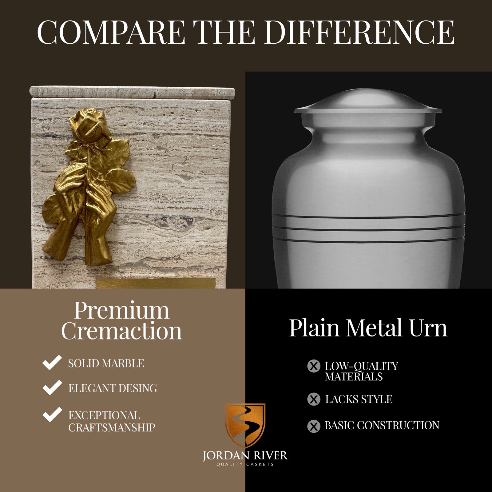 Marble Cremation Urn , With Golden Hands And Rose Design.