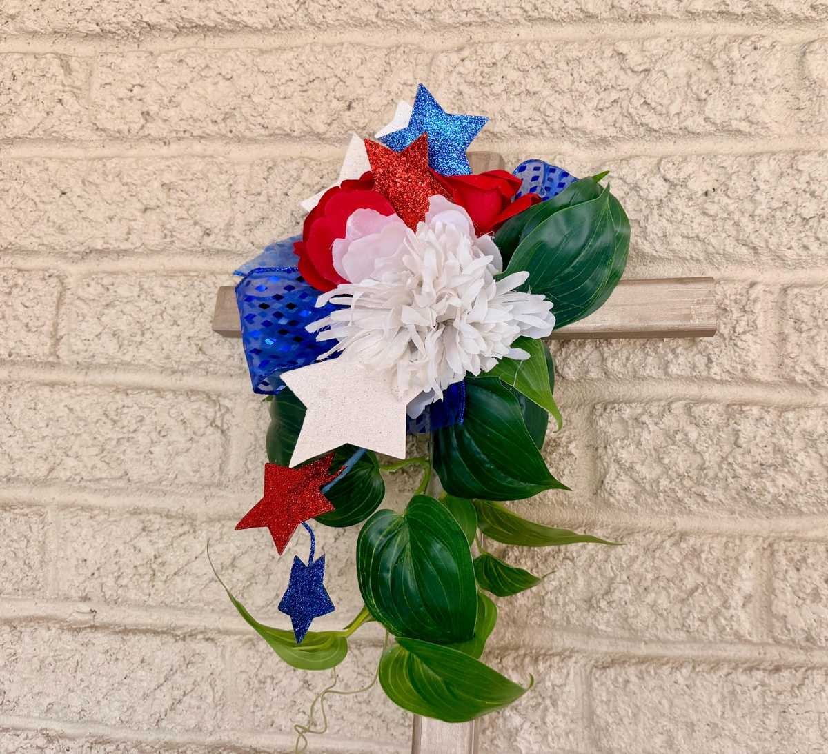 Cemetery Cross Decoration, Red White Blue Floral Memorial Grave Arrangement 24”