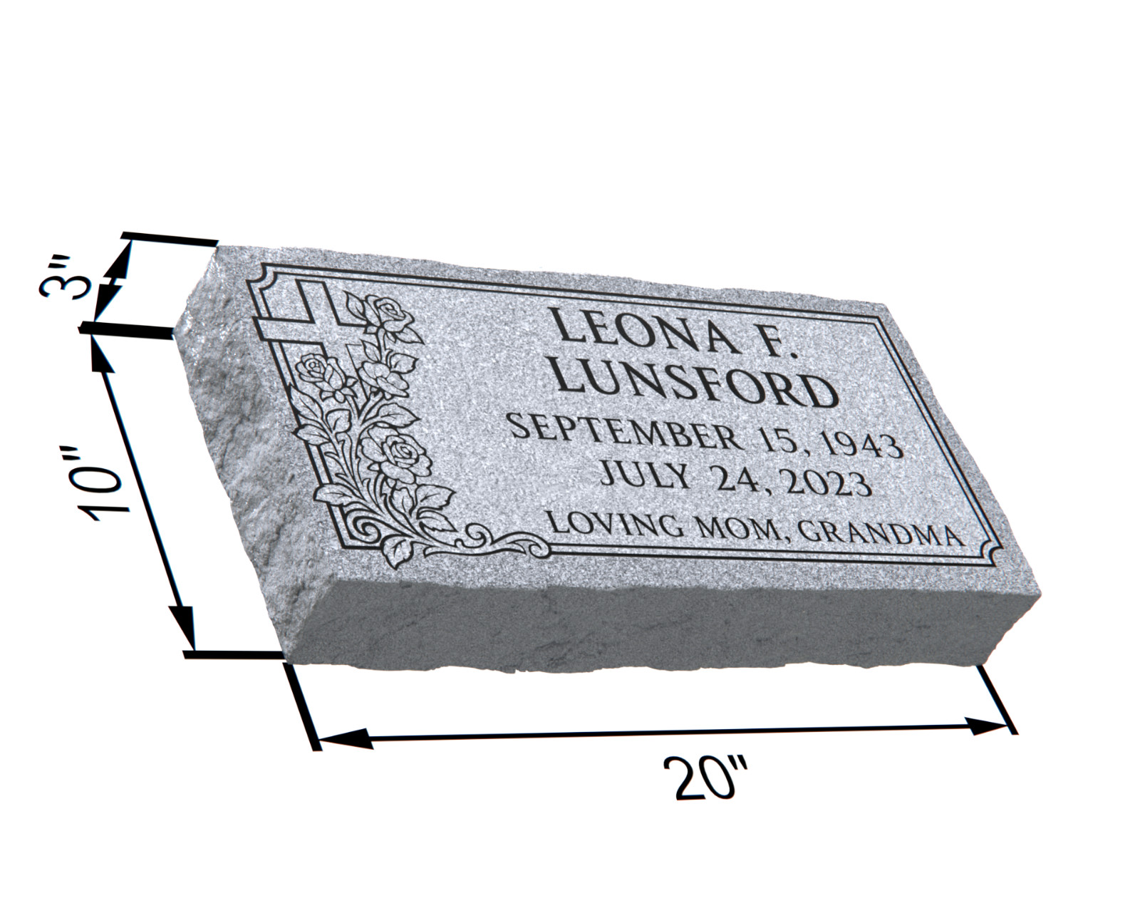 20x10x3 Gray Granite Flat Grave Marker – Personalized Headstone with Flowers