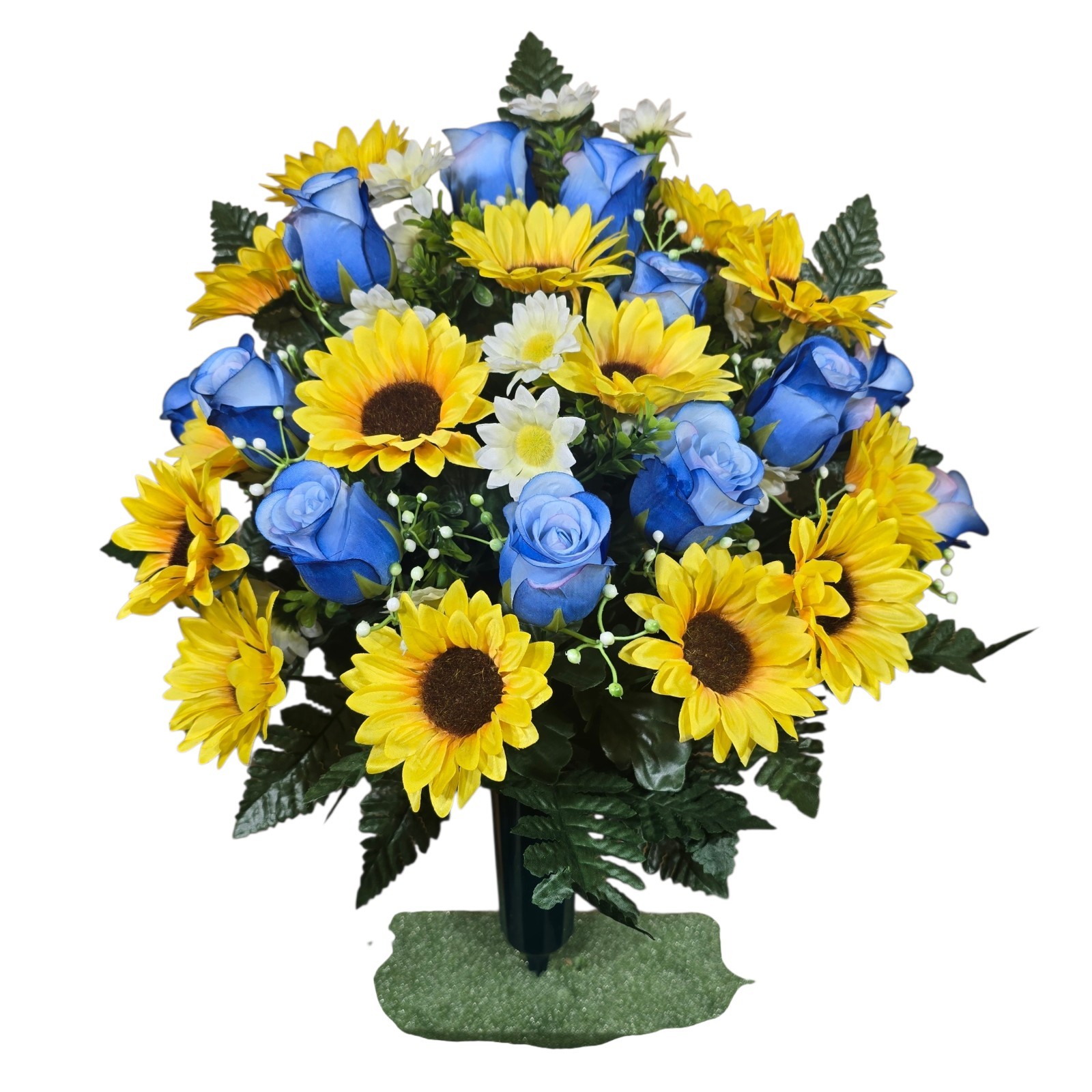 SUNFLOWER CEMETERY VASE MEMORIAL DECORATION WITH BLUE ROSEBUDS AND SUNFLOWERS