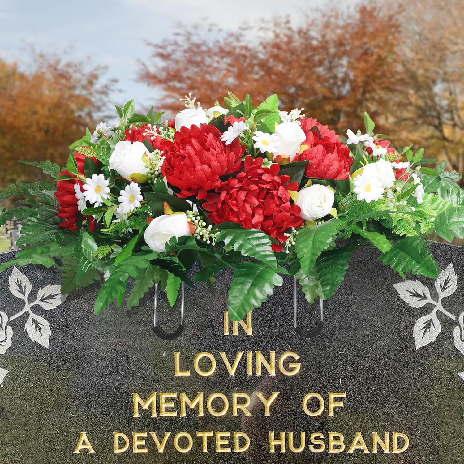 Artificial Cemetery Flowers – Red Roses & Chrysanthemums for Grave Saddle