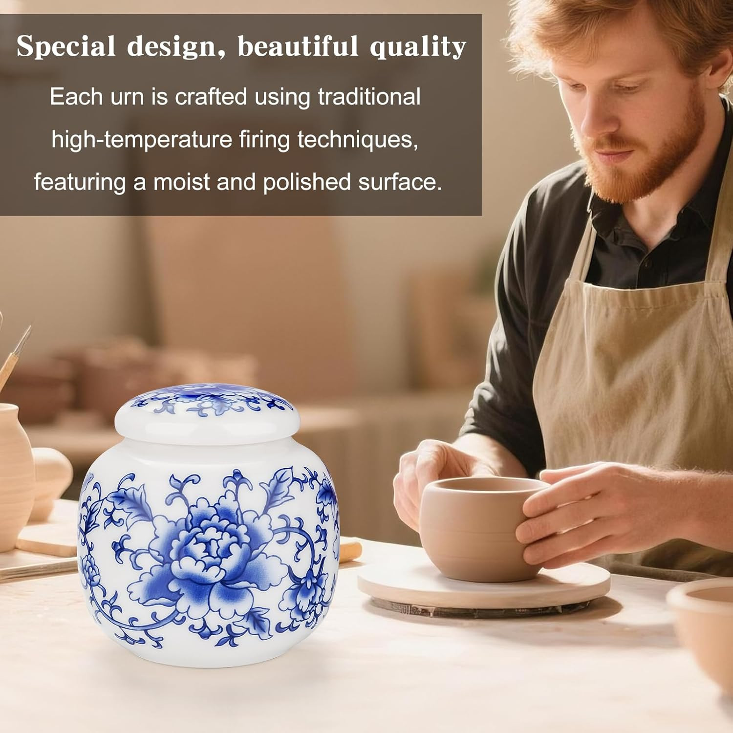 Small Urns for Human Ashes, 2.44 Inches Qinghua Porcelain Mini Urns for Human As