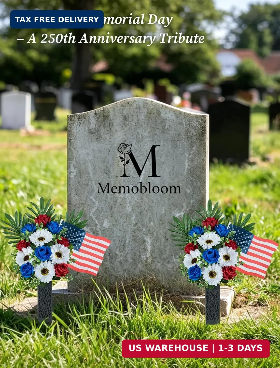 Memorial Day Flowers for Cemetery: 2 Pcs Outdoor Grave 250th Anniversary USA Dec