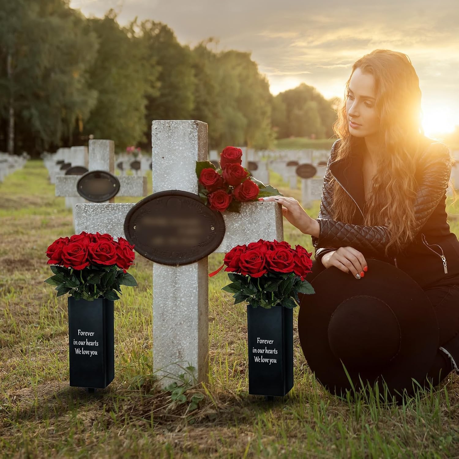 Metal Cemetery Vase Flower Holder Spikes Ground Grave Memorial 2-Pack Black