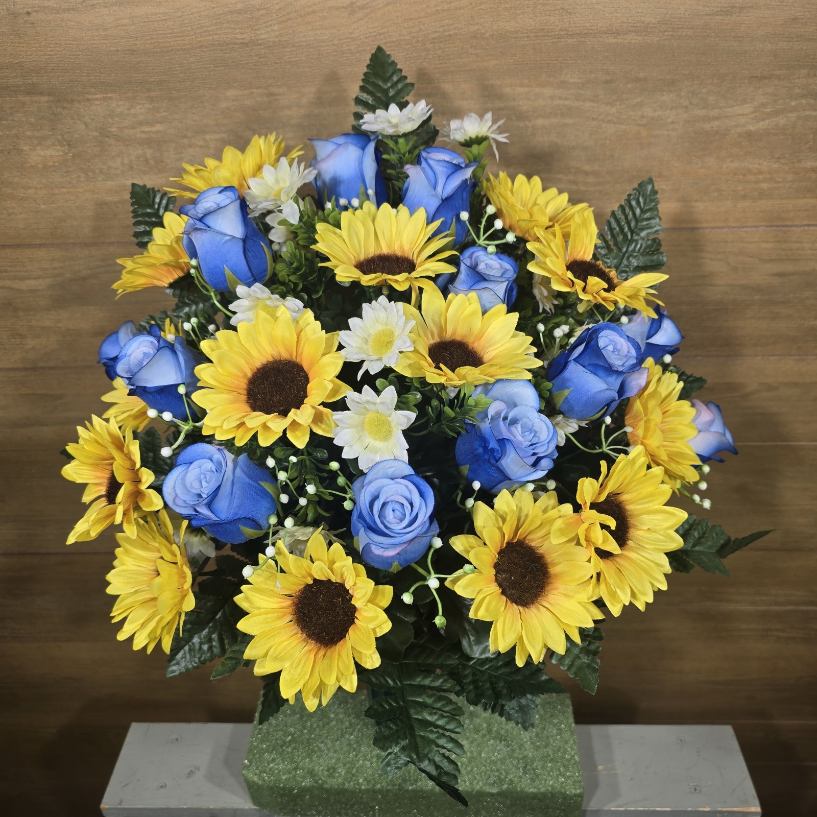 SUNFLOWER CEMETERY VASE MEMORIAL DECORATION WITH BLUE ROSEBUDS AND SUNFLOWERS