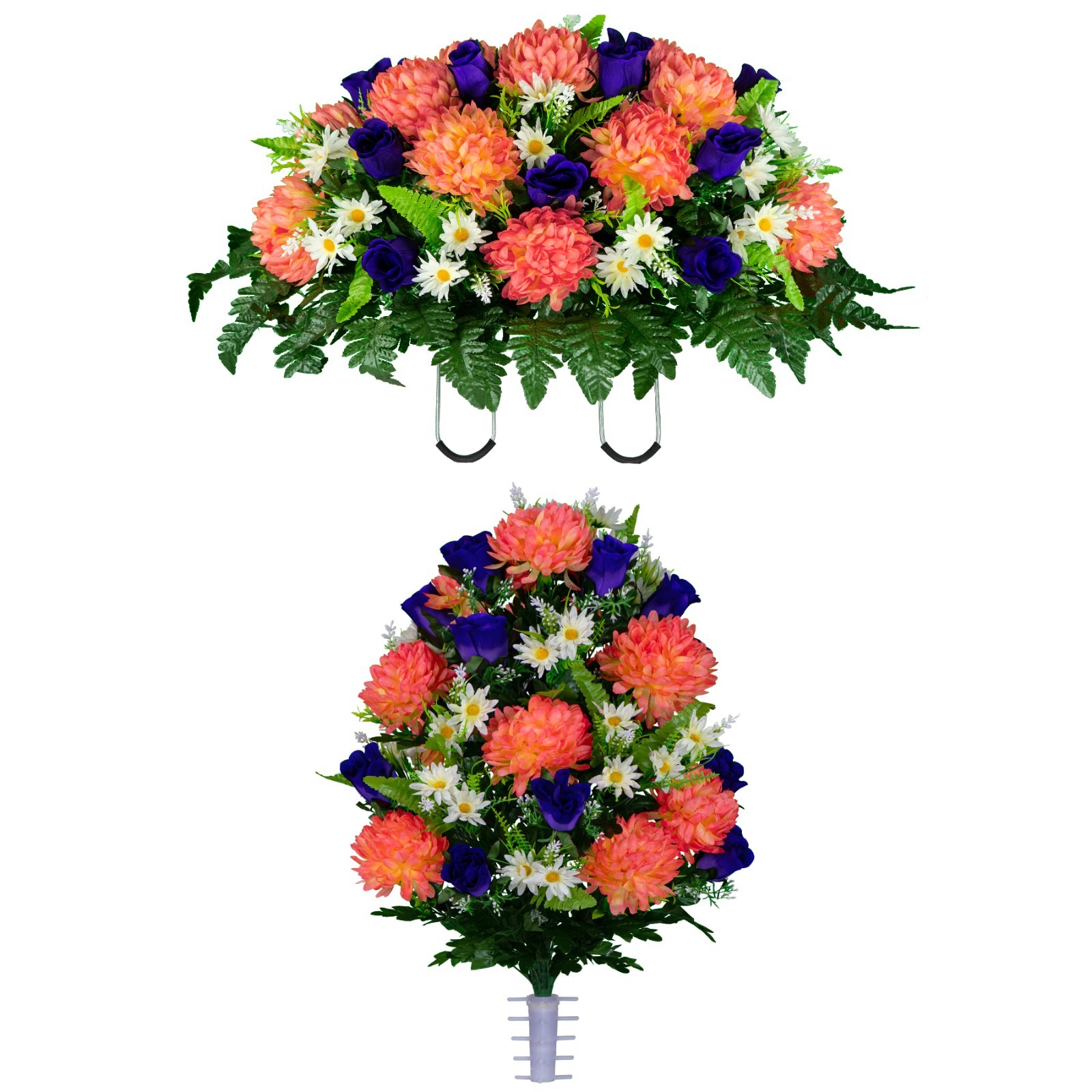 Artificial Cemetery Flowers – Salmon Pink Mum and Purple Rose Bouquet & Saddle