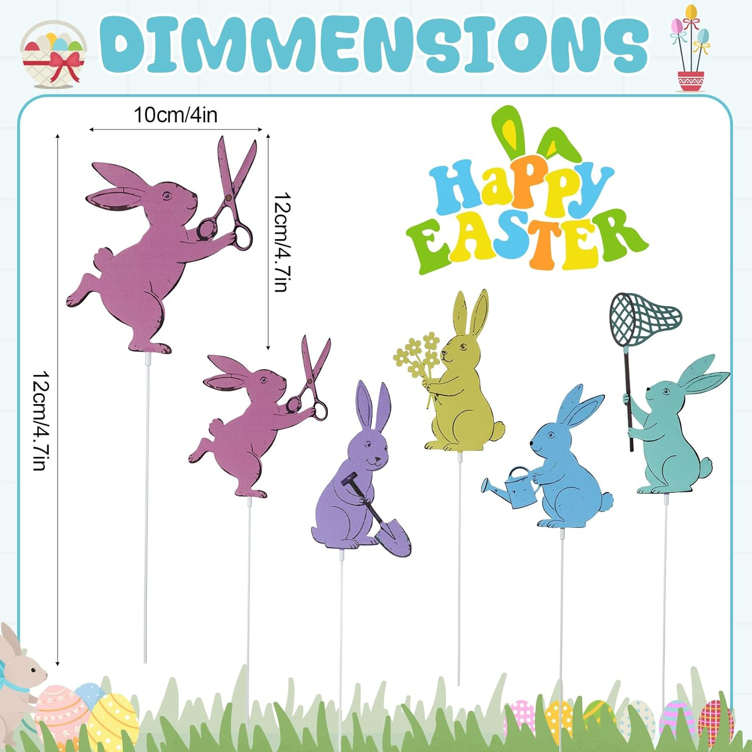 Leinuosen 5Pcs Easter Bunny Garden Stakes 13 Inch Metal Easter Yard Decor Colorf