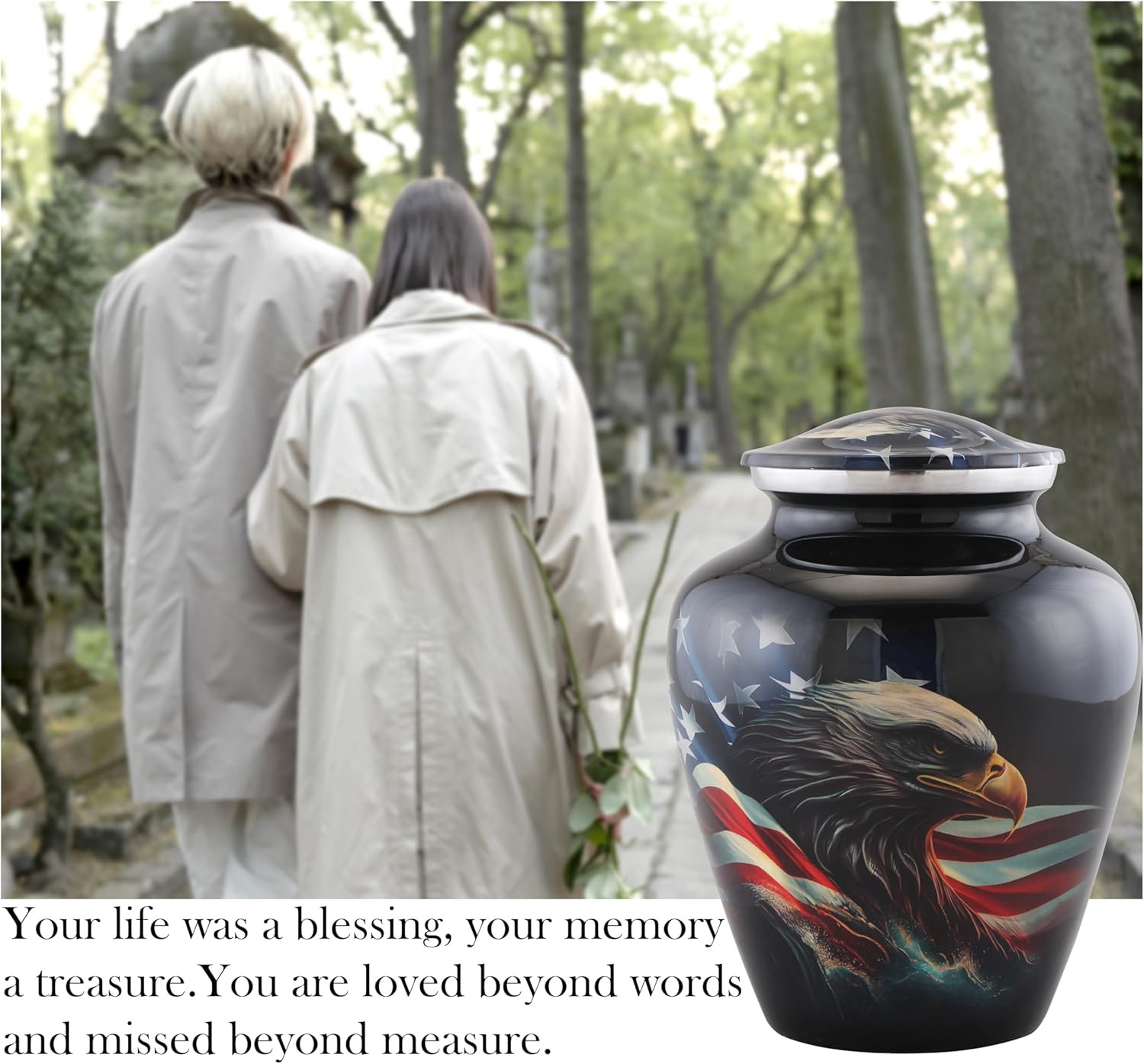 Patriotic American Honor Urn with Flag & Eagle – Large Veteran Memorial Urn