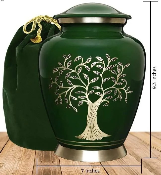 Handcrafted Tree Urn Green Gold – Adult Ashes Urn – Elegant Memorial Urn