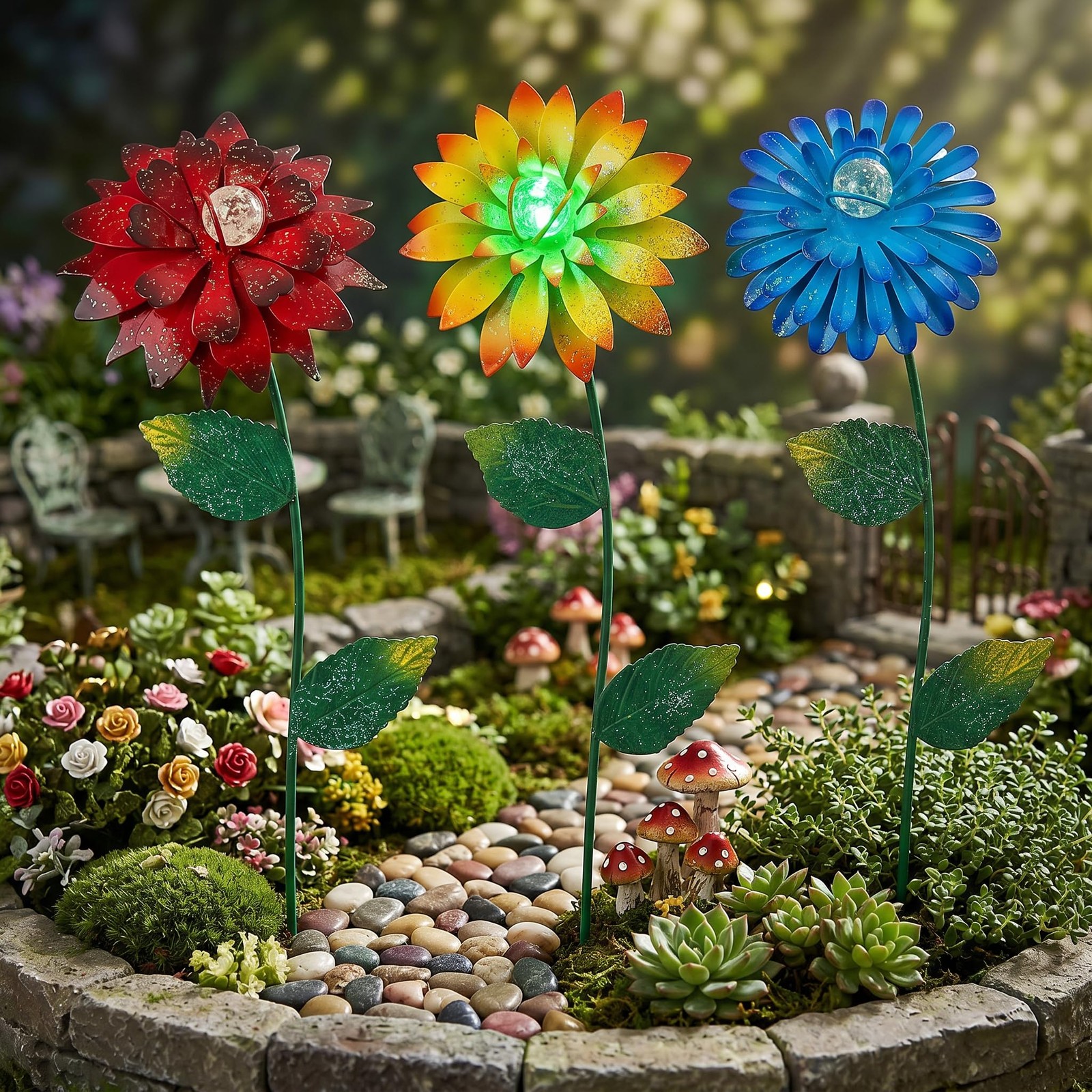 14 Inch Glow in The Dark Flower Garden Stakes, 3 Pack Colorful Metal Yard Dec…