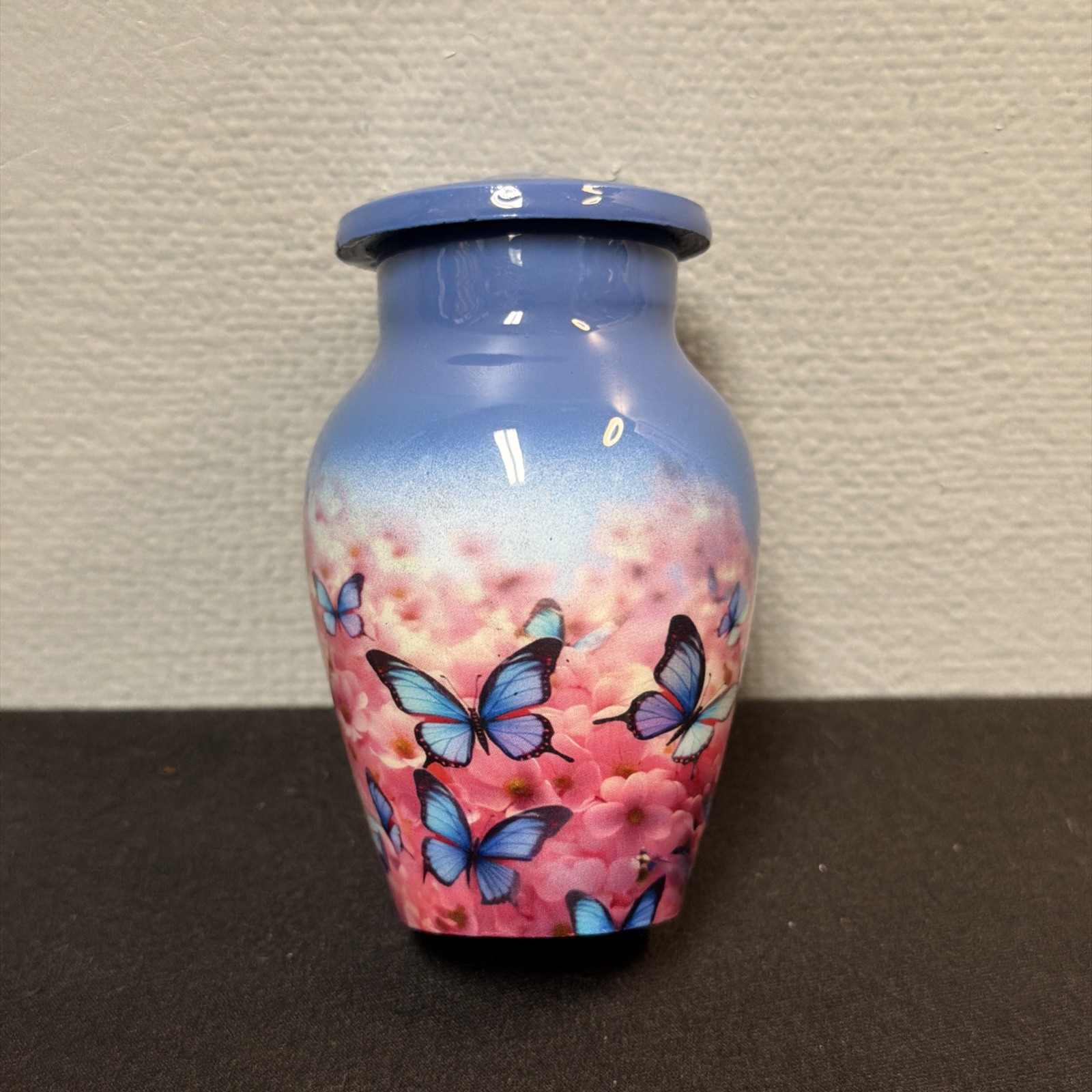 Butterfly Urns -Blue Butterfly On Pink Medows ￼Keepsake Urns for Human Ashes 3in