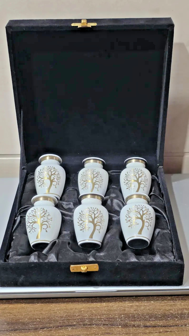 Set of 6 White Brass Keepsake Urns | Gold Tree Life Cremation Ashes