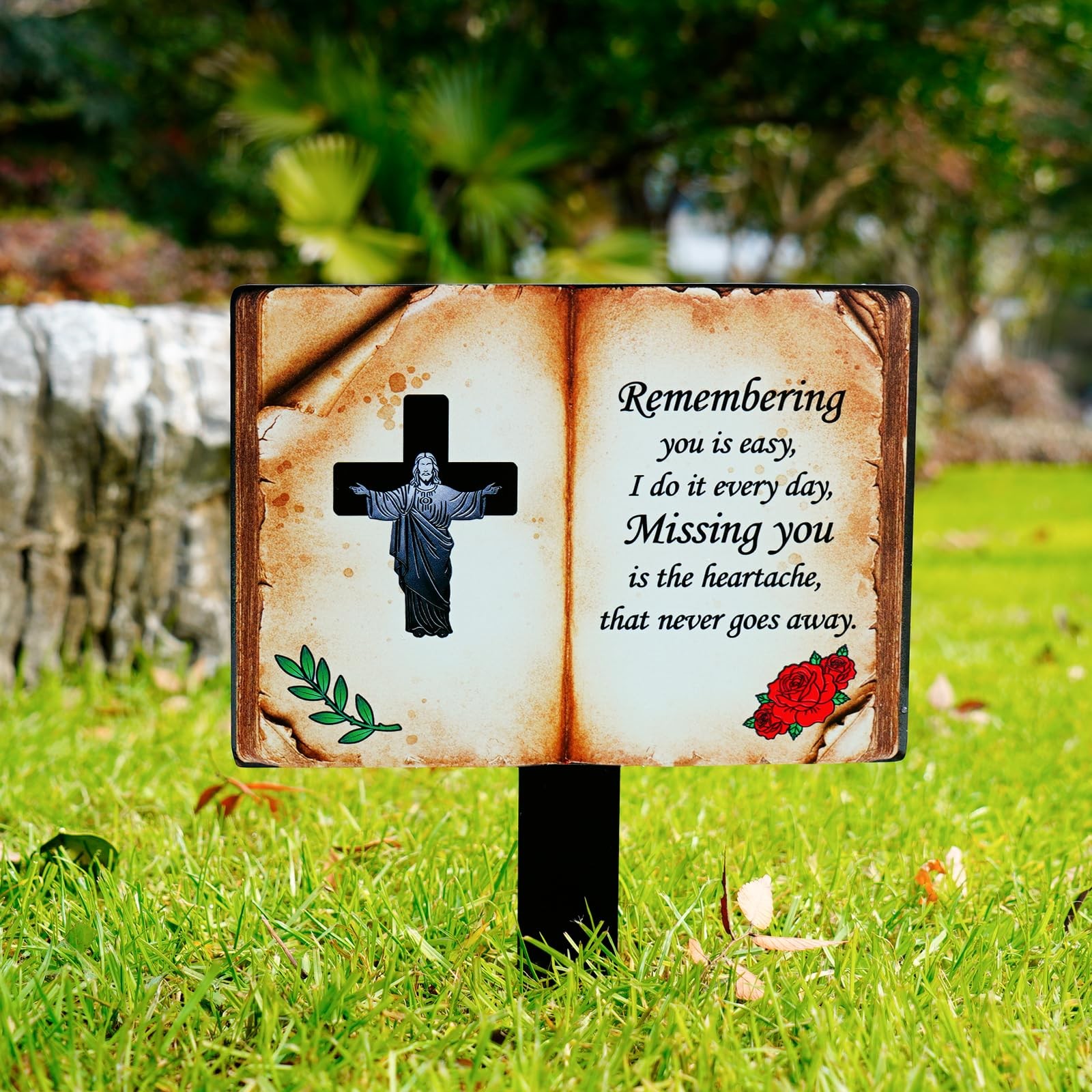 Jesus Bible Grave Marker Durable Metal Memorial Stake with Poem for Cemeteries
