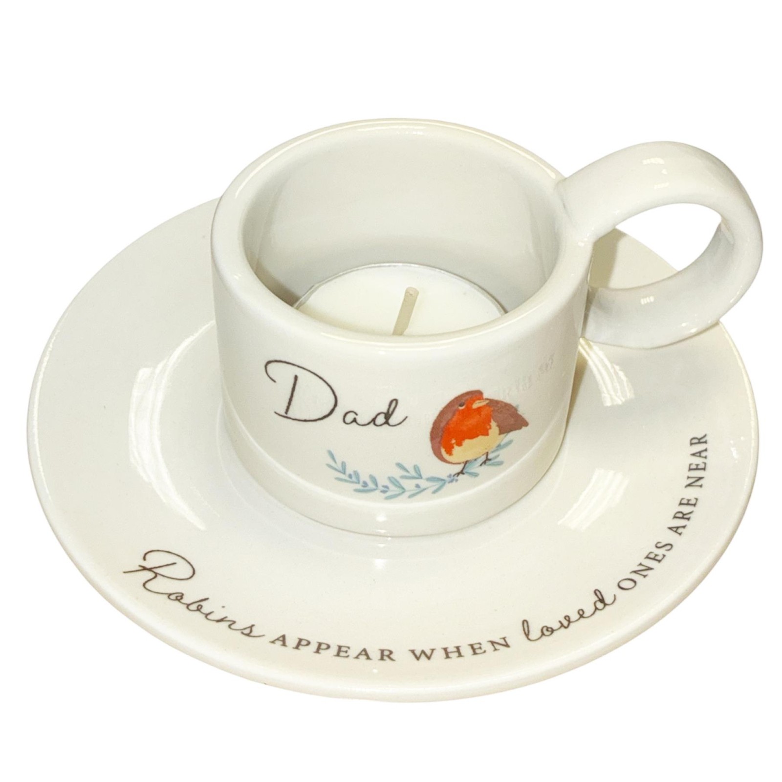 Memorial Tea Light Candle Holder Cup and Saucer Style with Robin Design – Dad