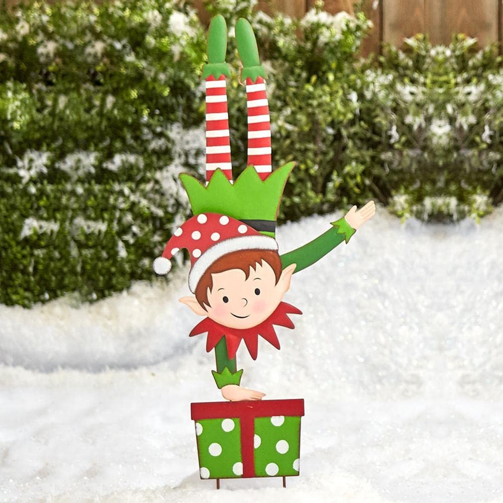 Christmas Elf Garden Stake – Holiday Yard Decoration – Christmas Metal Gnome …