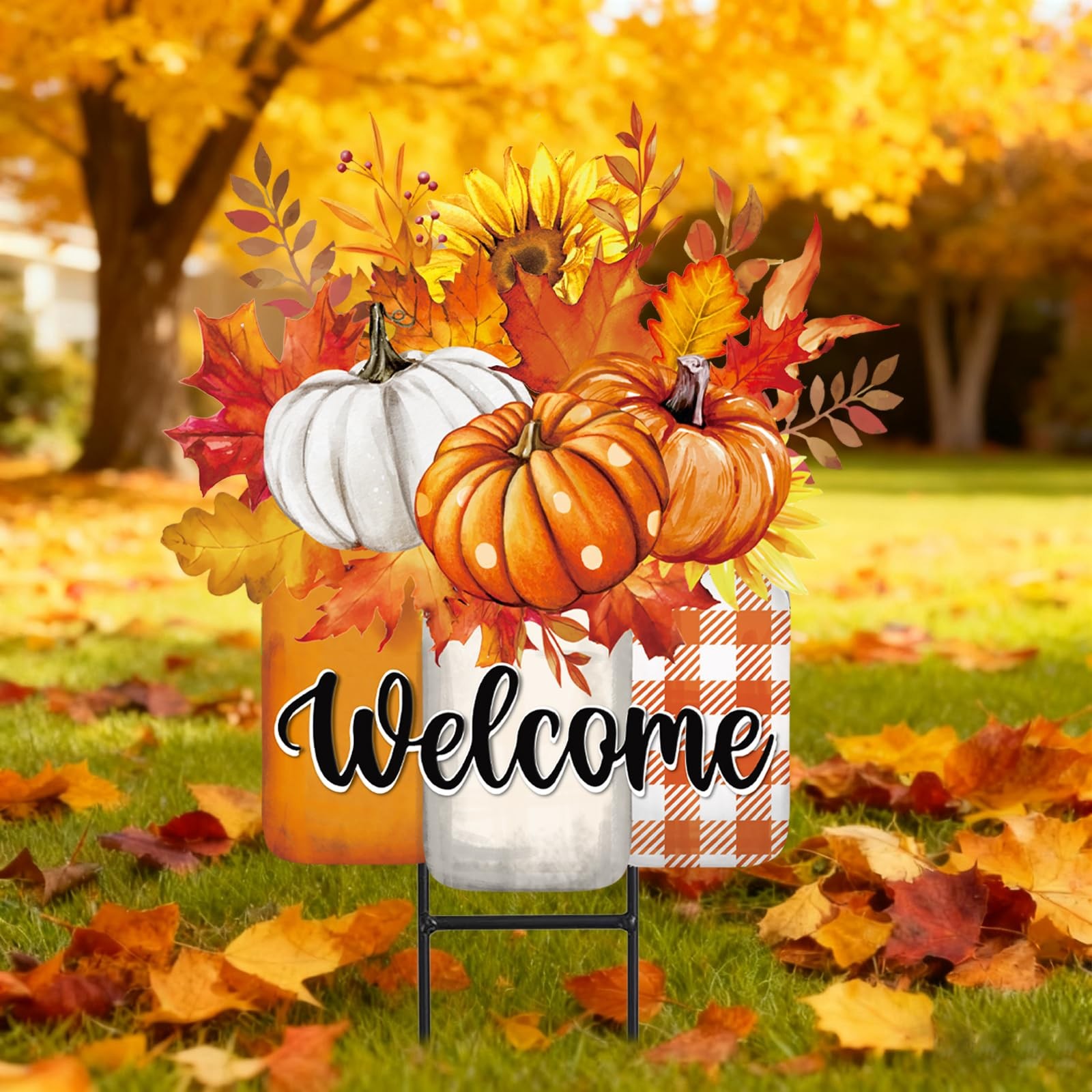 Thanksgiving Pumpkin Metal Garden Stakes Autumn Yard Sign Decor