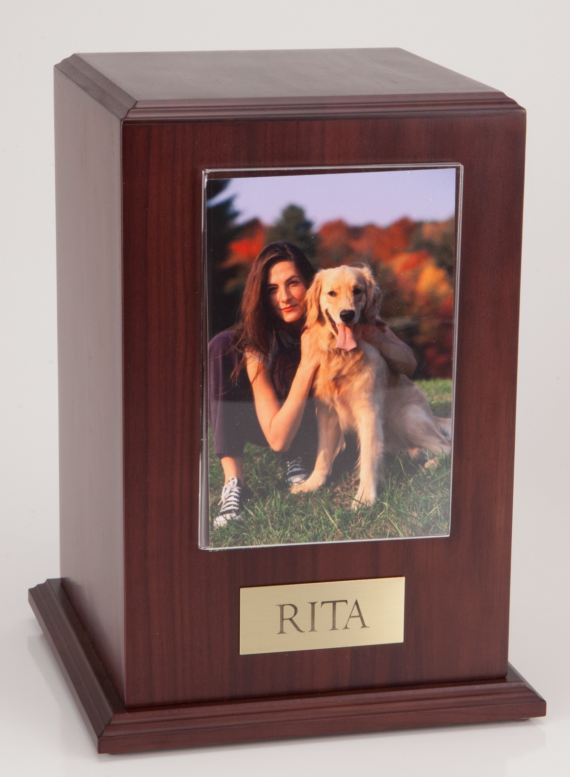 Large 240 Cubic Ins Walnut Pet Tower Photo Urn for Ashes w/Engravable Nameplate