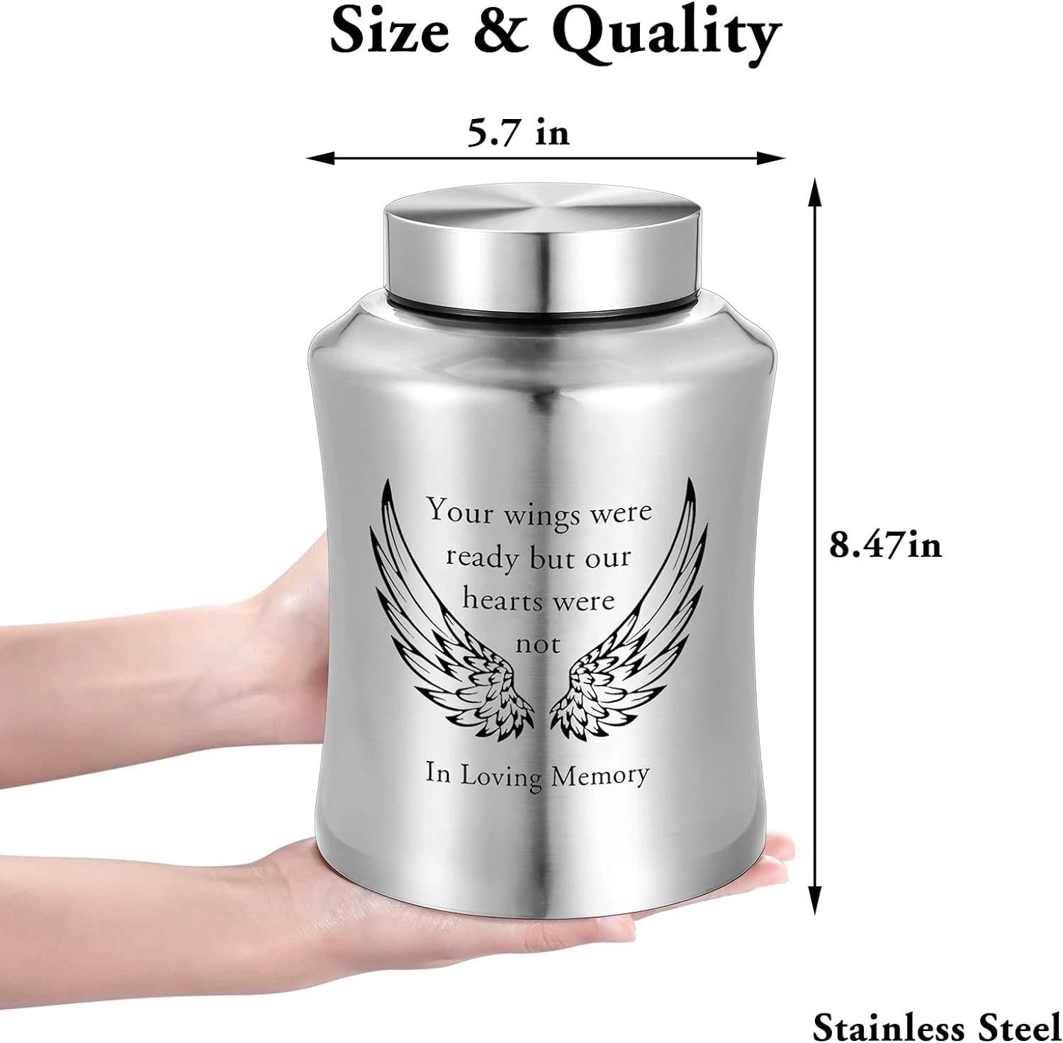 Large Stainless Steel Cremation Urn for Adults with Wings Engraving Silver