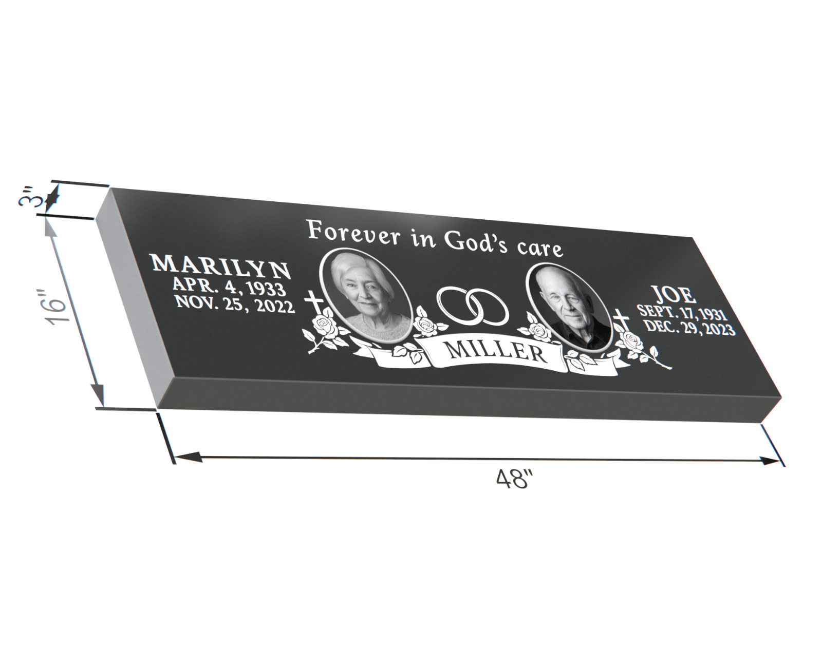 Custom Black Granite Headstone 48x16x3 – Engraved Double Portrait Memorial Stone