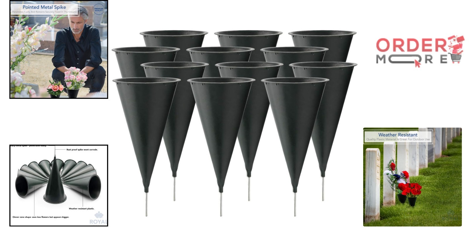 Cemetery Vases Plastic Medium Set of 12 Outdoor Flower Holders Ground Stakes